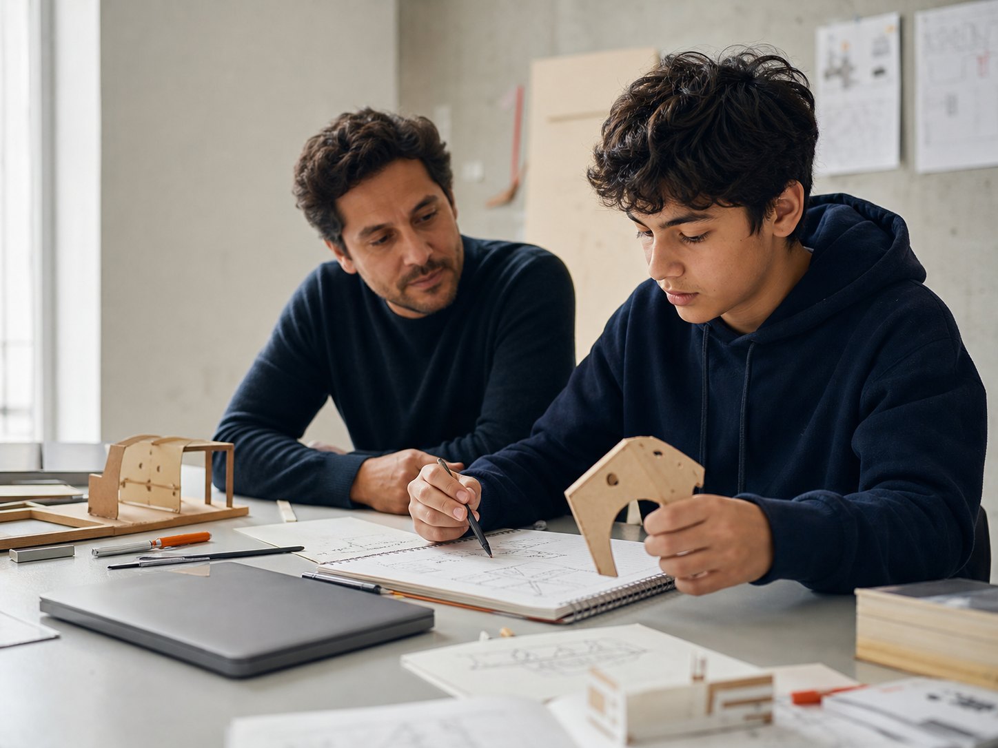 Un adolescente compara alternativas para resolver un reto abierto mientras un mentor acompaña el proceso