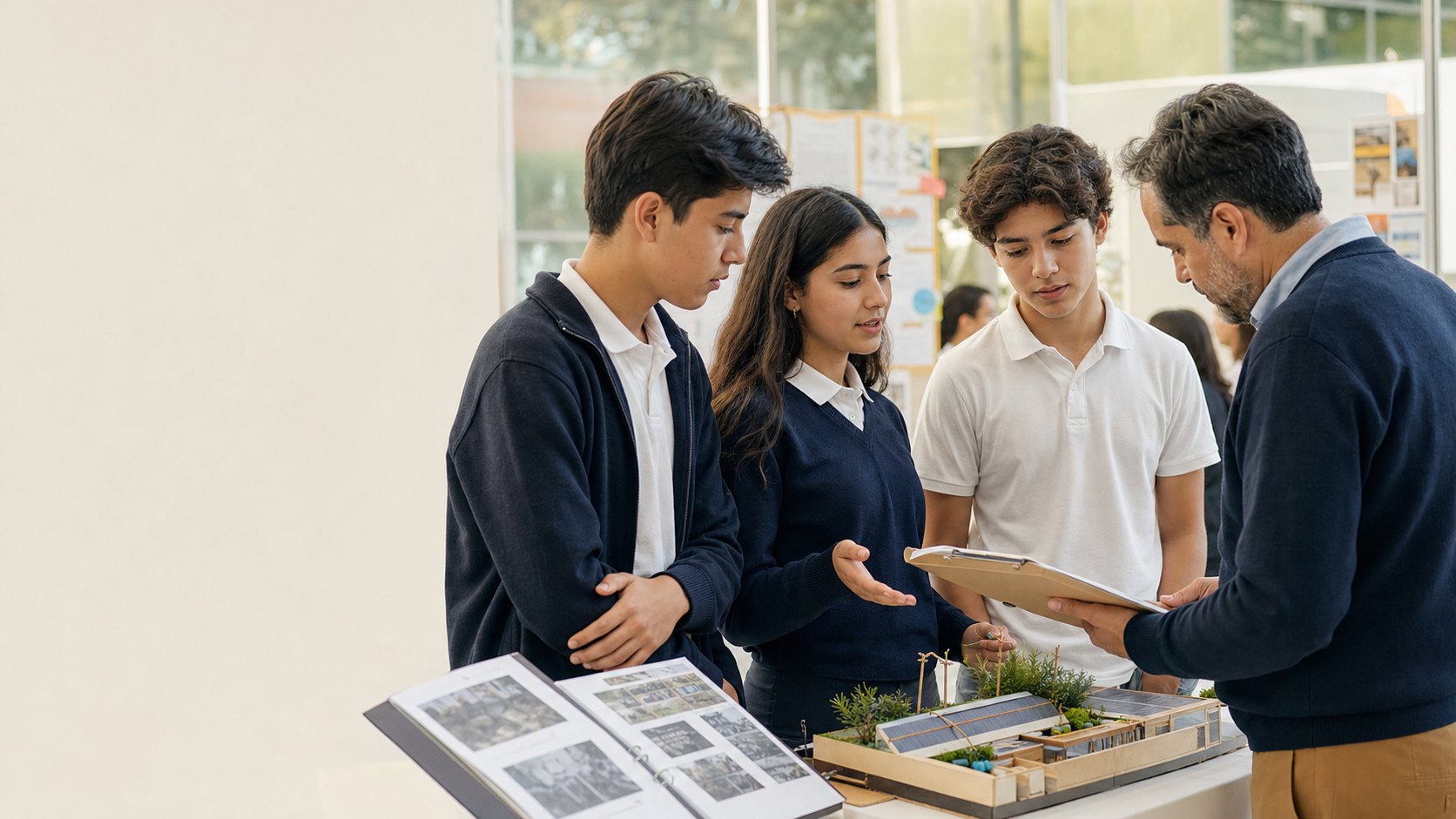 Estudiantes explican a un docente un proyecto terminado y la evidencia de su aprendizaje