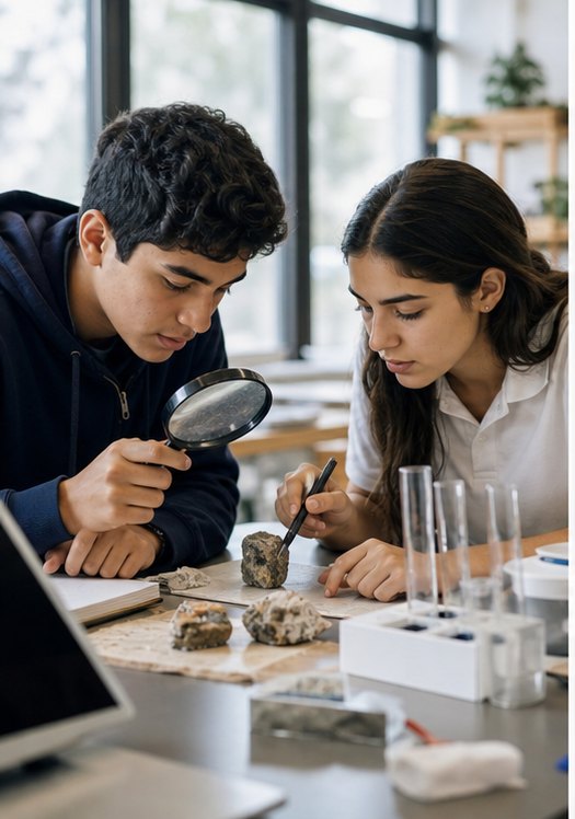 Estudiantes investigan evidencia y observan materiales