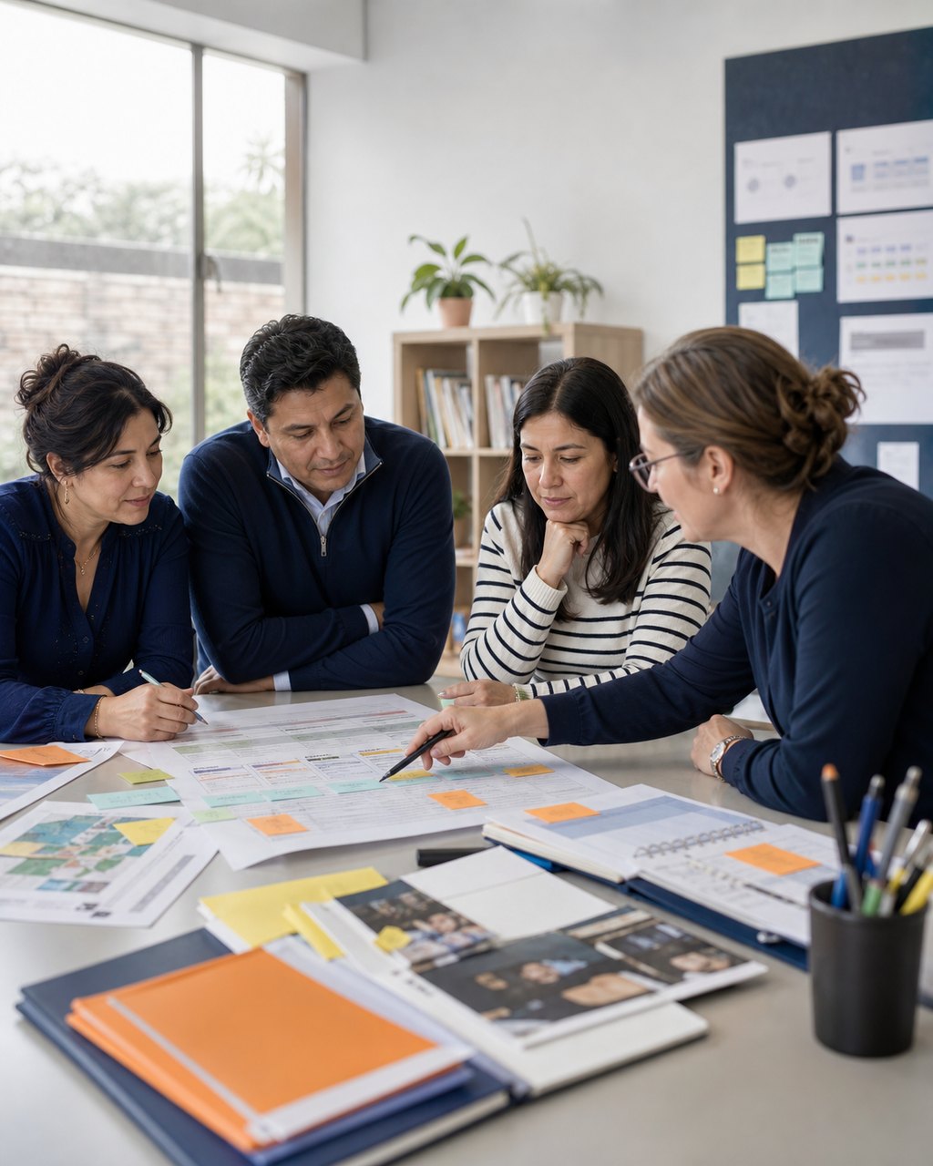 Directivos, docentes y una especialista planifican una ruta curricular con mapas y rúbricas