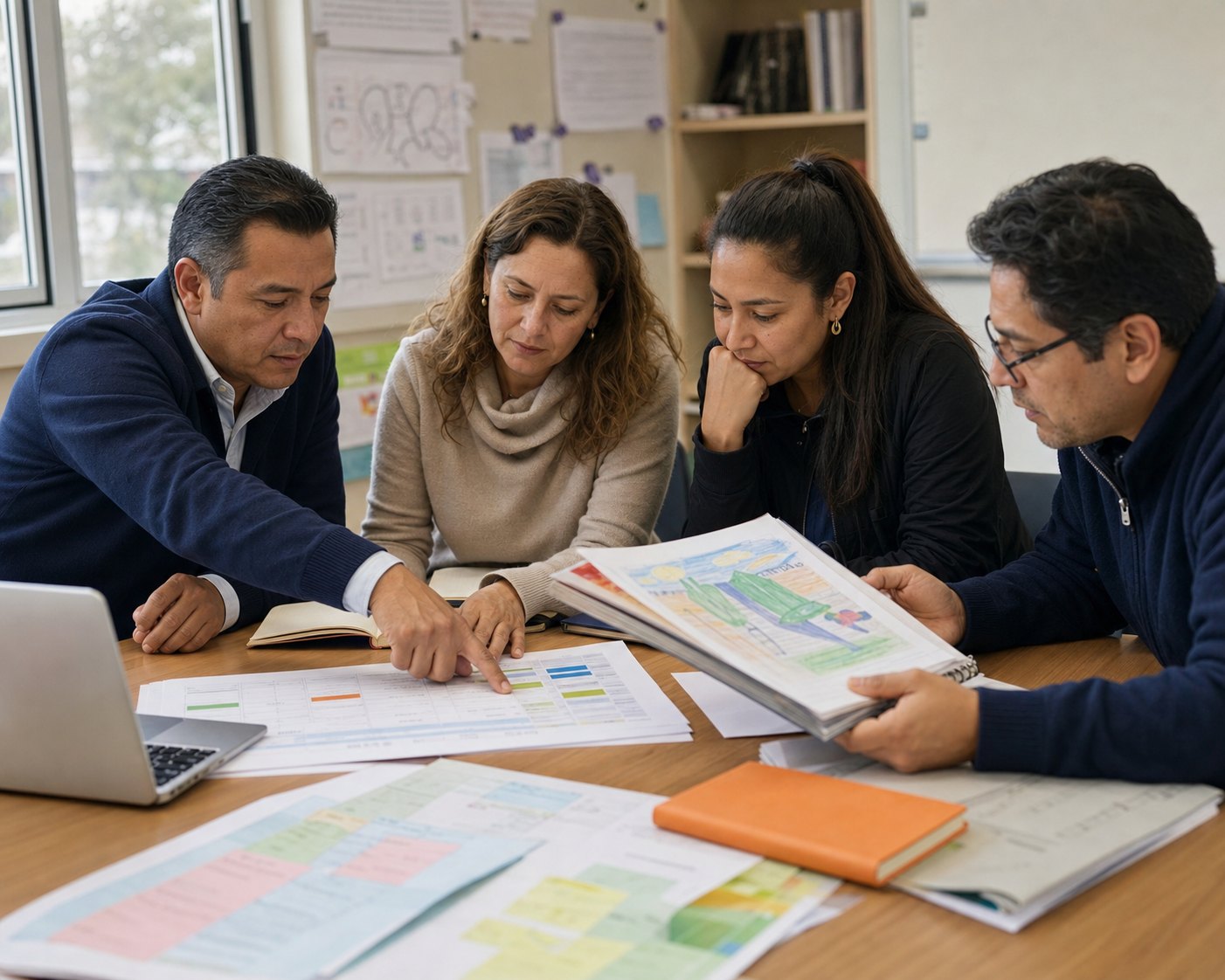 Directivos y docentes revisan portafolios, rúbricas e indicadores para tomar una decisión académica